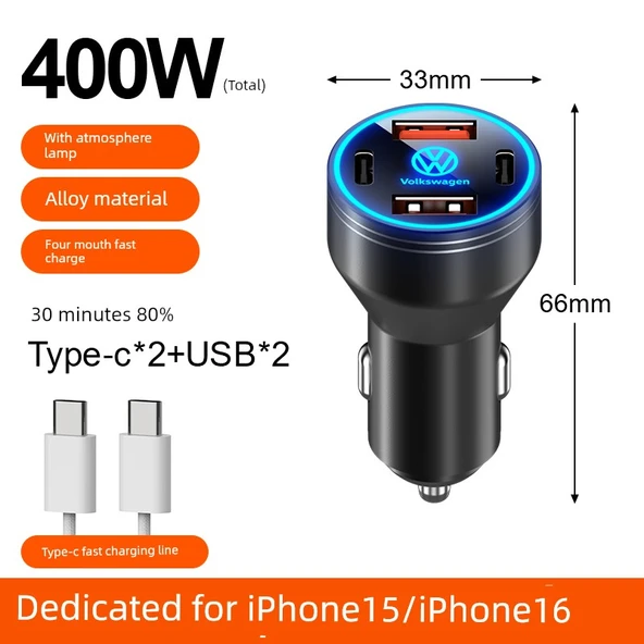 Volkswagen Araç Şarj Aleti - 400W Süper Hızlı Şarj - Alaşım Siyah + Apple 15-16 Kablo