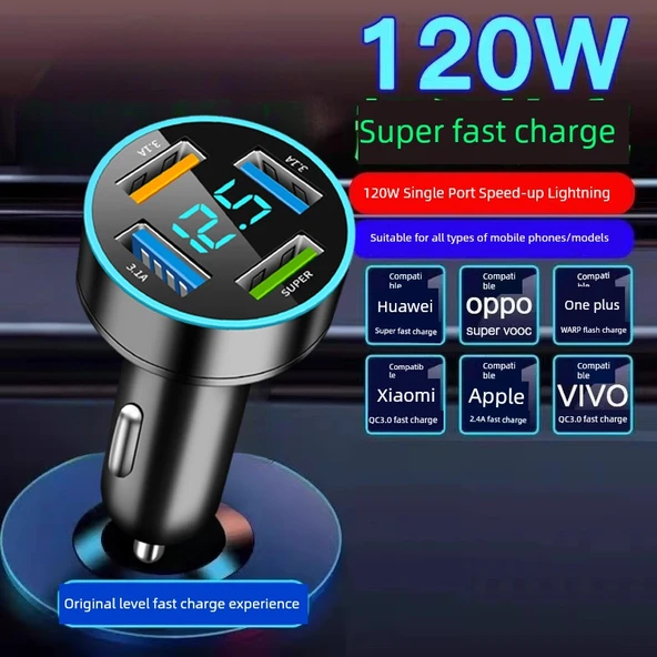 Hızlı Araç Şarj Cihazı 120W 4 Port Süper Hızlı Şarj