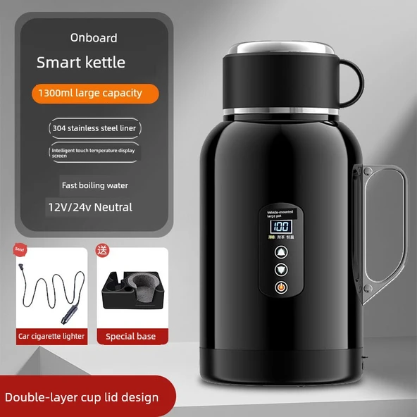 12V 24V Araç İçi Elektrikli Su Isıtıcı - 1300ml, Çift Katmanlı Kapak, Bazlı