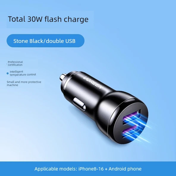 30W Çift USB Tek Port 22.5W Süper Hızlı Siyah Araç Şarj Cihazı