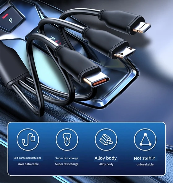 Acura Araç Şarj Cihazı - Seçkin Siyah 66W Süper Hızlı Şarj + Üçü Bir Arada Data Kablosu - 10