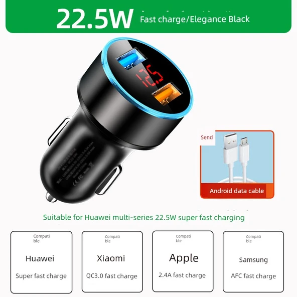66W 40W Süper Hızlı Araç Şarj Cihazı 22.5W Dijital Ekran + Android Data Kablosu