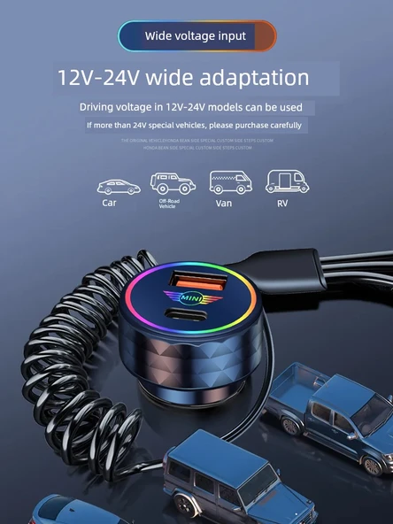 Mini Cooper Araç Şarj Cihazı - Siyah 66W Süper Hızlı Şarj 3'ü 1 Arada Data Kablosu - Resim 5