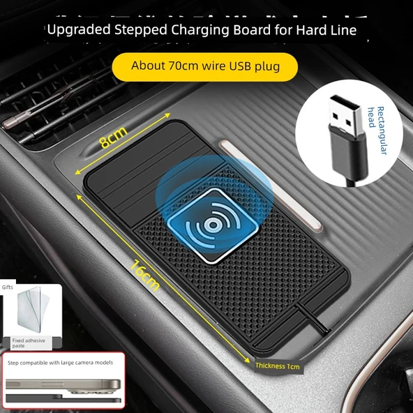 20W Araç İçi Kablosuz Şarj Pedi - Yeni Model [Dikey Çizgili Kademeli USB Başlık]
