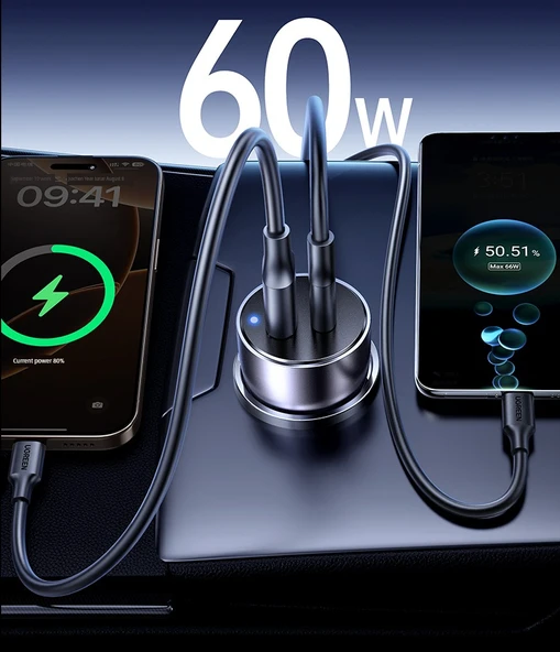60W Çift Hızlı Şarj USB + C Araç Şarj Cihazı - Android/iPhone 8-16 - 11