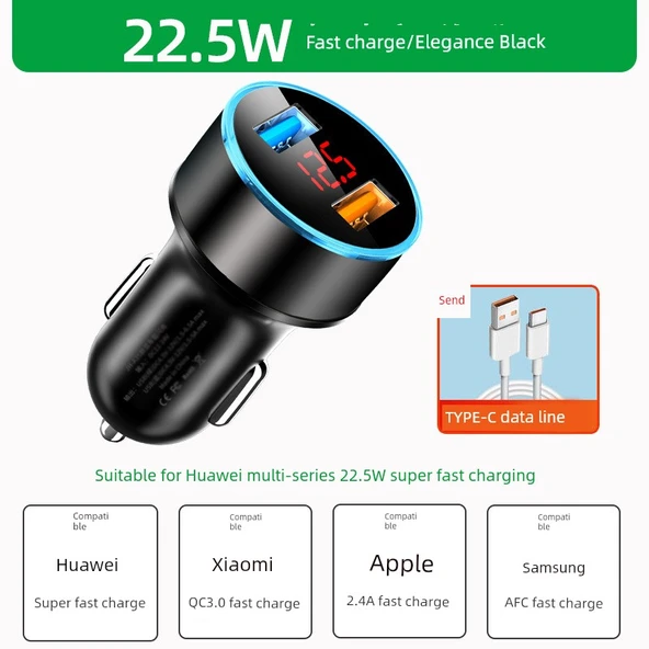 66W Süper Hızlı Araç Şarj Cihazı - Dijital Ekran Hızlı Şarj 22.5W + Type-C Data Kablosu