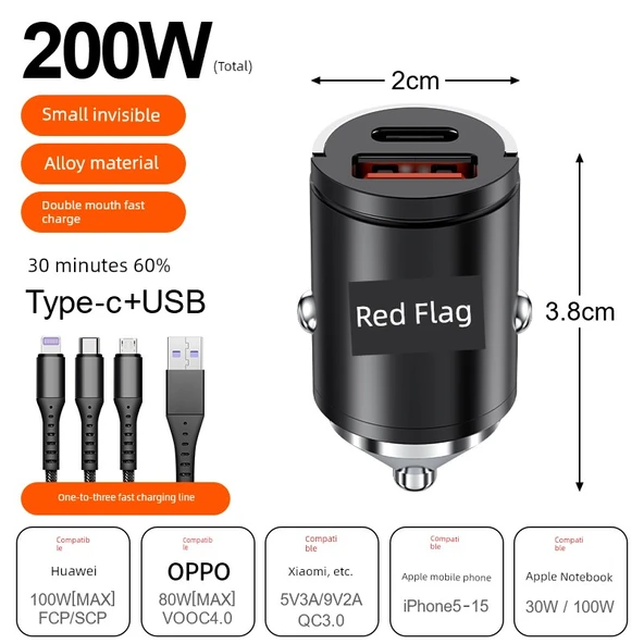 Hızlı Şarj Alaşımlı Araç Şarjı - 200W - Siyah + Üçü Bir Arada Şarj Kablosu