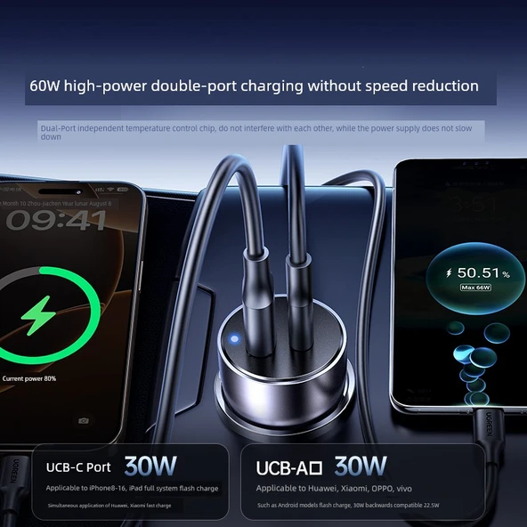 60W Çift Hızlı Şarj USB + C Araç Şarj Cihazı - Android/iPhone 8-16 - 2