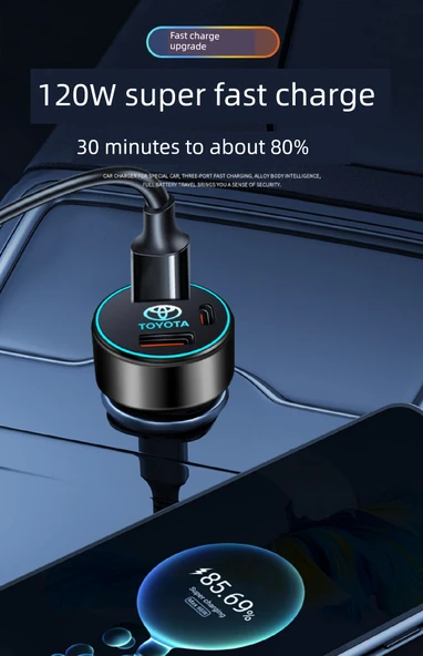 Toyota RAV4 Araç Şarj Cihazı 120W Süper Hızlı Şarj Type-C Lightning Apple Data Hattı Işıklı - 11