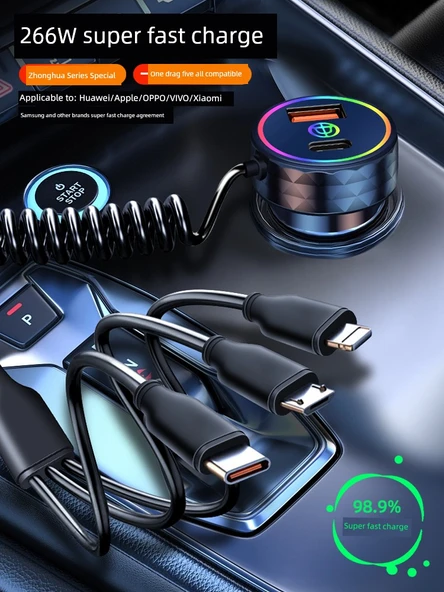 Araç Şarj Cihazı - Siyah 30W 3'ü 1 Arada Kablolu - Resim 3