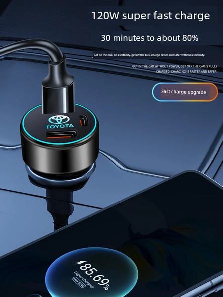 Toyota RAV4 Araç Şarj Cihazı 120W Süper Hızlı Şarj Type-C Lightning Apple Data Hattı Işıklı - 3