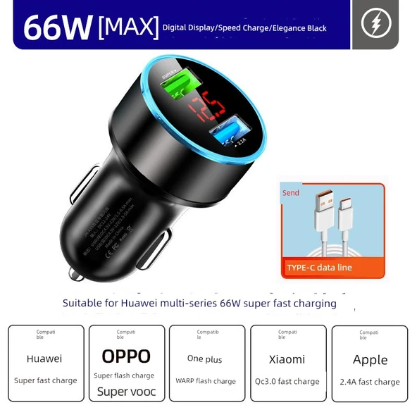 66W 40W Süper Hızlı Araç Şarj Cihazı 66W Dijital Ekran + Type-c Data Kablosu