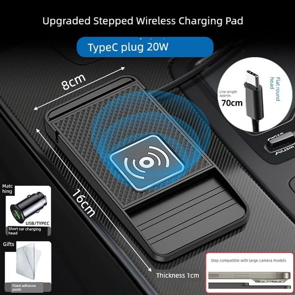 20W Araç İçi Kablosuz Şarj Pedi - 66W Hızlı Şarj Başlığı + Yeni Model [Kademeli Type-C Başlık]