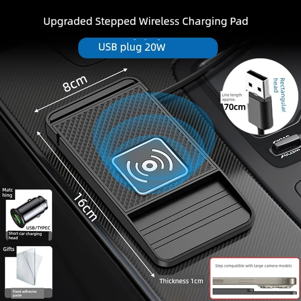 20W Araç İçi Kablosuz Şarj Pedi - 66W Hızlı Şarj Başlığı + Yeni Model [Kademeli USB Başlık]