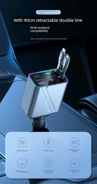 Honda Uyumlu 192W Süper Hızlı Şarj TYPE-C + Apple Araç Şarj Cihazı - 6