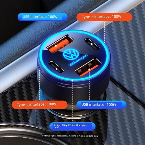 Volkswagen Araç Şarj Aleti - 120W Süper Hızlı Şarj - Alaşım Siyah + Apple 5-14 Kablo - 4