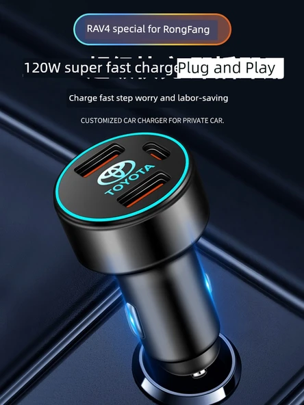 Toyota RAV4 Araç Şarj Cihazı 120W Süper Hızlı Şarj Type-C Lightning Apple Data Hattı Işıklı - 2