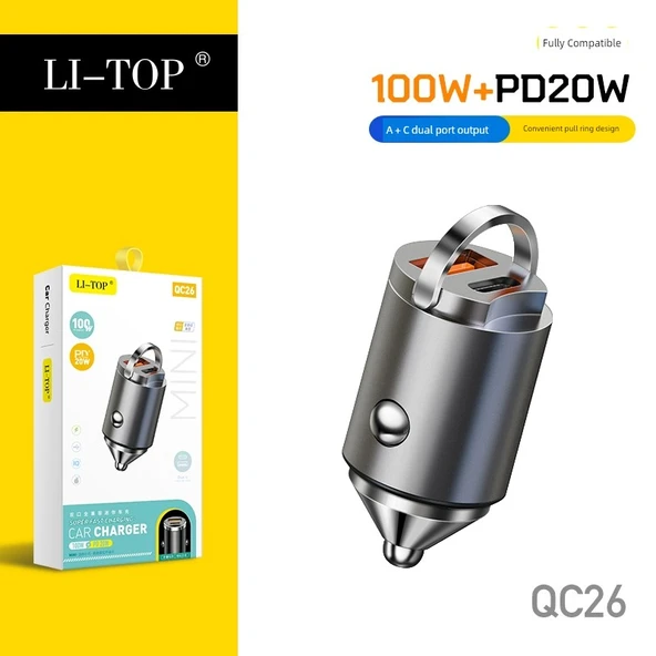 Çift Portlu PD20W QC3.0 Metalik Gri Halkalı Araç Şarj Cihazı
