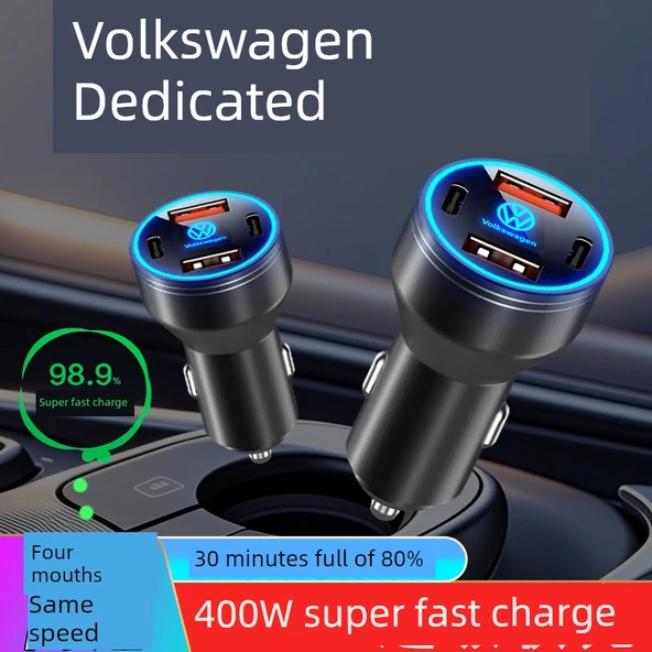 Volkswagen Araç Şarj Aleti - 120W Süper Hızlı Şarj - Alaşım Siyah + Apple 5-14 Kablo - 2