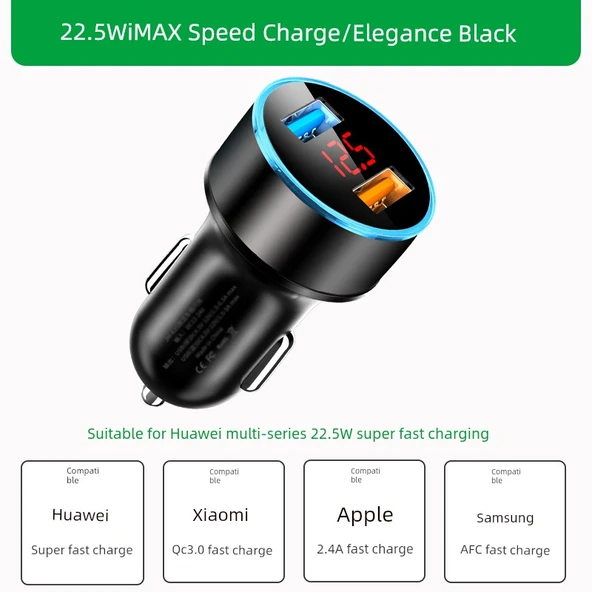 66W Süper Hızlı Araç Şarj Cihazı - Dijital Ekran Hızlı Şarj 22.5W