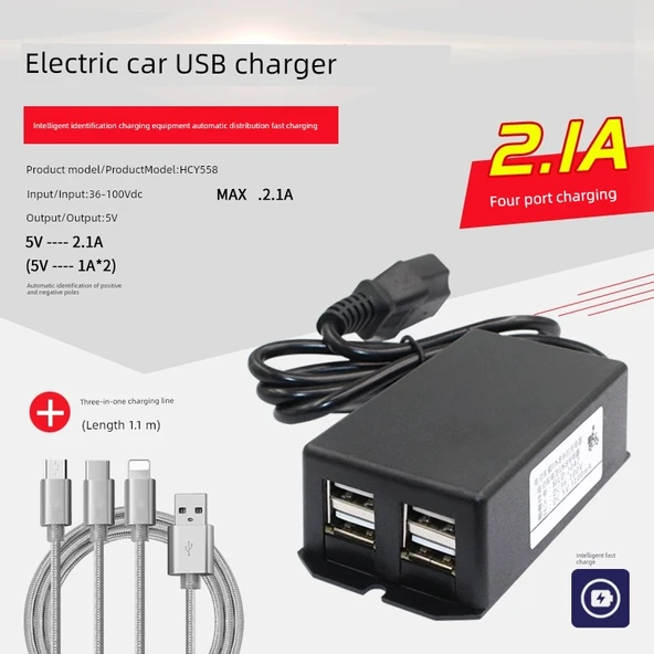 Elektrikli Araç USB Şarj Aleti - Dört Portlu + 3in1 Kablo