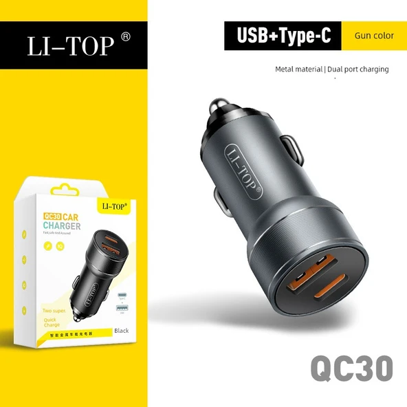 Çift Portlu PD20W QC3.0 66W Metalik Gri Araç Şarj Cihazı