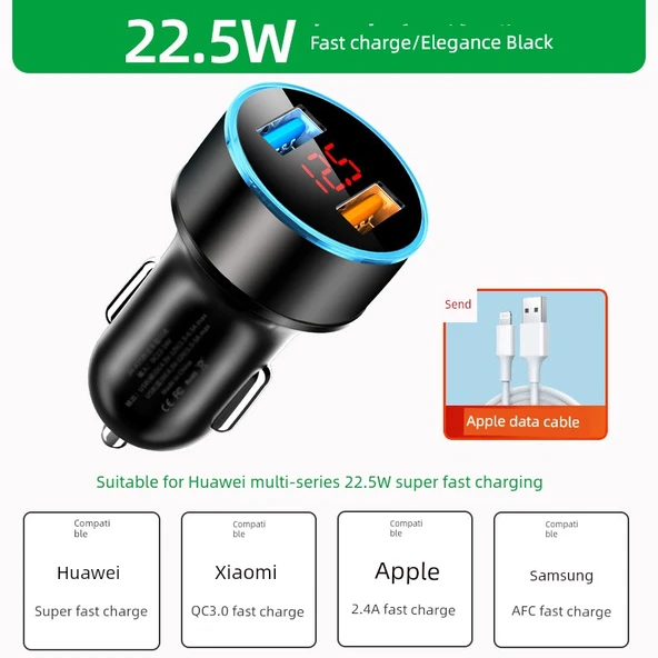 66W Süper Hızlı Araç Şarj Cihazı - Dijital Ekran Hızlı Şarj 22.5W + Apple Data Kablosu