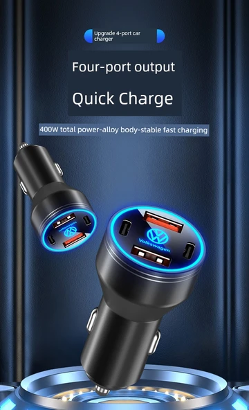 Volkswagen Araç Şarj Aleti - 120W Süper Hızlı Şarj - Alaşım Siyah + Apple 5-14 Kablo - 6