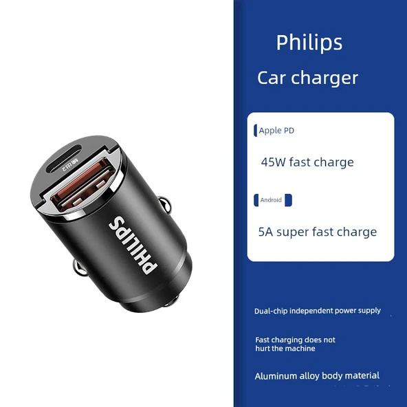 Apple 8-16/Android 45W Hızlı Şarjlı Philips Küçük Çelik Top Araba Şarjı - Gizli Siyah