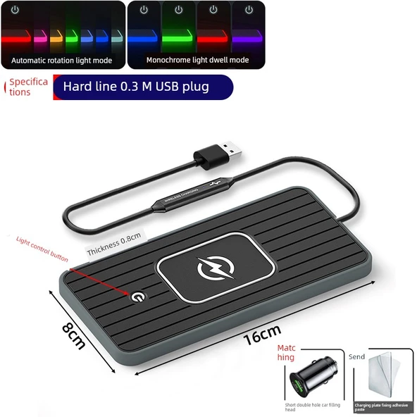 20W Araç İçi Kablosuz Şarj Pedi - 66W Hızlı Şarj Başlığı + [Dikey Çizgili 30cm USB Başlık] DW Çok Modlu Atmosfer Lambalı