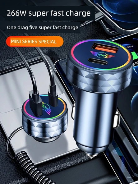 Mini Cooper Araç Şarj Cihazı - Siyah 66W Süper Hızlı Şarj 3'ü 1 Arada Data Kablosu - Resim 4