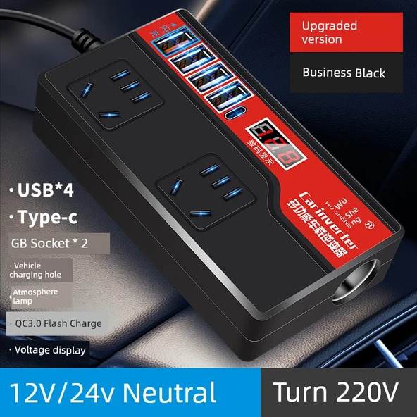 12V/24V Araç Şarj Inverter 220V Dönüştürücü - [Amiral Siyah] Type-C Port + Dijital Ekran + QC3.0 Hızlı Şarj