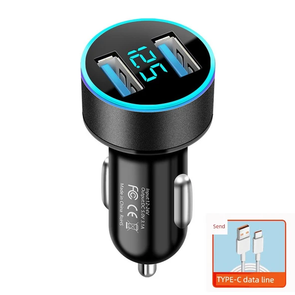 66W 40W Süper Hızlı Araç Şarj Cihazı 3.1A Dijital + Type-c Data Kablosu
