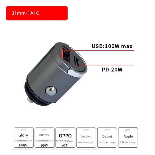 Süper Mini Araç Şarj Cihazı - 1A1C - 31mm Tam Gizli
