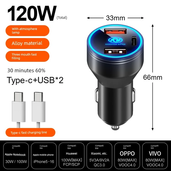 120W Süper Hızlı Şarj Alaşımlı Siyah Araç Şarjı - Type-C Hızlı Şarj Kablolu