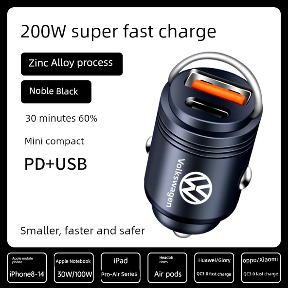 200W Süper Hızlı Araç Şarj Cihazı - Asil Siyah