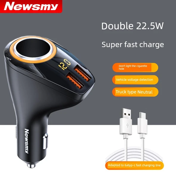 66W Araç Şarj Cihazı - 22.5W Süper Hızlı Şarj Dijital Ekranlı + Type-C Hızlı Şarj Kablosu