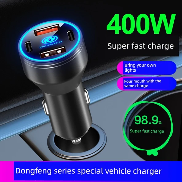400W Süper Hızlı Şarj Alaşımlı Siyah Araç Şarjı - 3in1 Hızlı Şarj Kablolu - 3