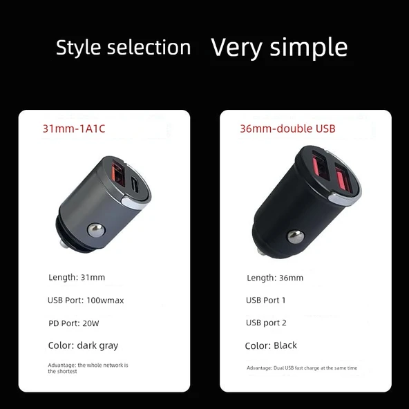 Mini Araç Şarj Cihazı - Çift USB Portlu - 36mm - 2