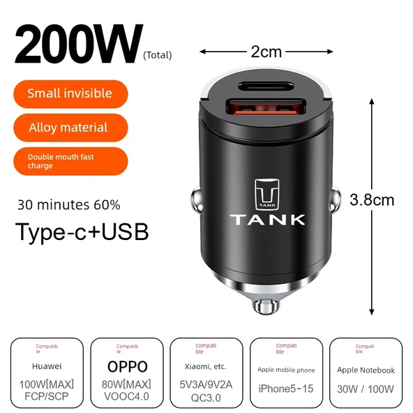 Tank Araç Şarj Cihazı 200W Alaşım Siyah