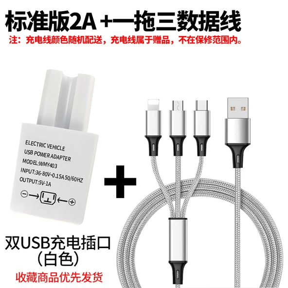 48V 60V 72V - 5V USB Elektrikli Araç Şarj Adaptörü - 2A Beyaz Çift USB Üçlü Data Kablolu