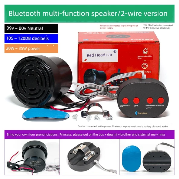 Bluetooth'lu Oto Korna Hoparlörü - 3'ü 1 Arada - 9V-80V Çok Fonksiyonlu