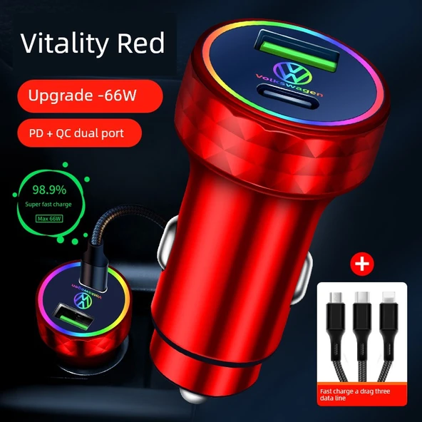 Oto Çakmaklık USB Şarj Aleti + 3'ü 1 Arada Kablo - Kırmızı - 66W Süper Hızlı Şarj