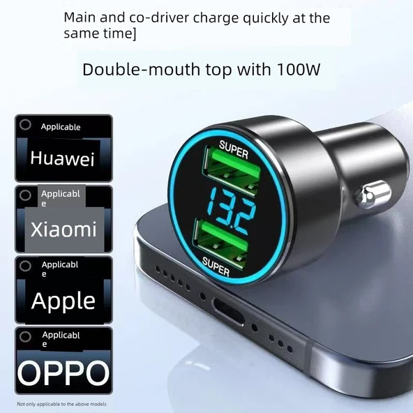 Standart Araç Çakmaklık USB Şarj Aleti - Çift USB Port, Dijital Ekran