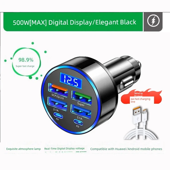 Gelişmiş Araç Çakmaklık USB Şarj Aleti - Dört USB + 2PD Hızlı Şarj, 6 Port, Voltaj İzleme, Huawei TC Kablosu