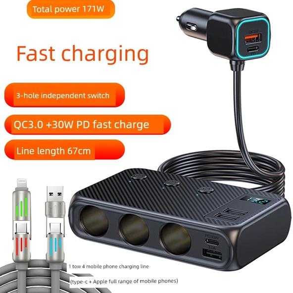 12V/24V Araç Şarj Cihazı - Üç Portlu Yeni Nesil Hızlı Şarj + 4'lü Telefon Kablosu
