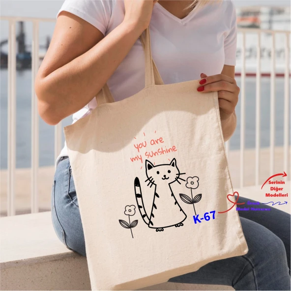 Kedi Tasarımlı Bez Çantalar, Arkadaşa Hediyelik Bez Çanta K Serisi (100 Model)