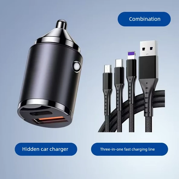 Gizli Araç Şarj Cihazı + USB Üçü Bir Arada Hızlı Şarj Kablosu - 1