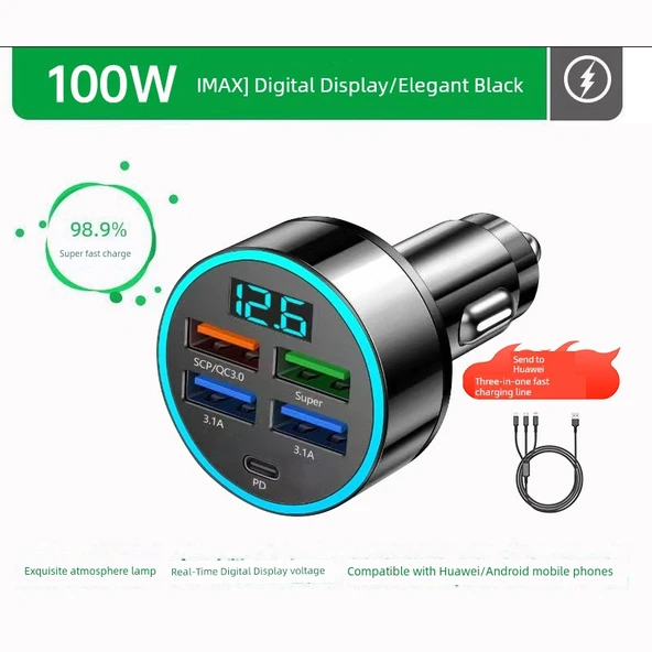 Araç Çakmaklık USB Şarj Aleti - Dört USB + PD Hızlı Şarj, 5 Port, Voltaj İzleme, 3'ü 1 Arada Hızlı Şarj Kablosu