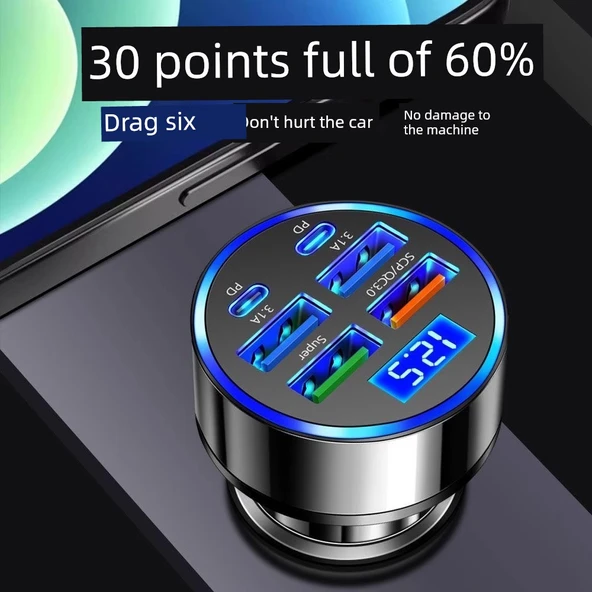 Gelişmiş Araç Çakmaklık USB Şarj Aleti - Dört USB + 2PD Hızlı Şarj, 6 Port, Voltaj İzleme, Apple PD Kablosu - 2